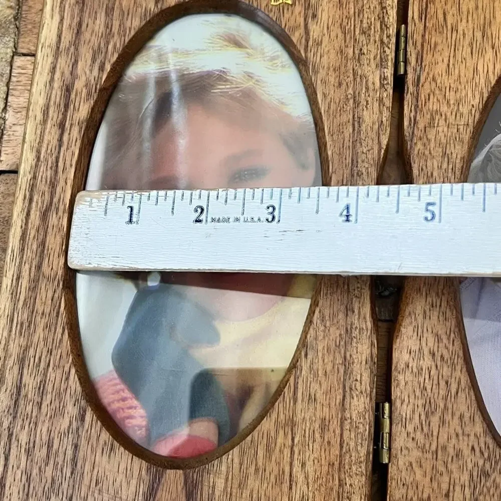 Vintage Carved Wooden Hinged Double Photo Frame Fits 3.5